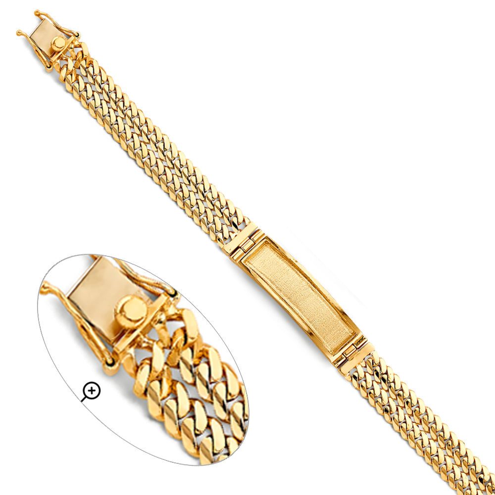 14K Yellow Gold Men’s 2-Line ID Plate Cuban Curb Link Bracelet-12mm Wide total width of the combined chains
