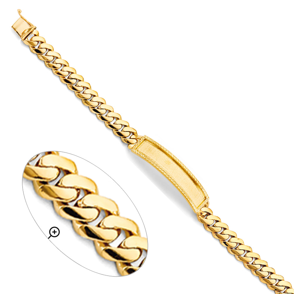 14K Yellow Gold Men’s Curb Link Sandblast Finished ID Plate Bracelet-9mm Wide