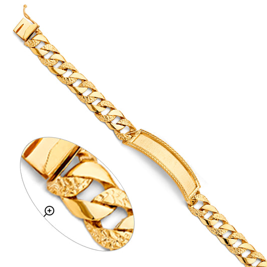 Men’s 14K Yellow Gold Polished/ Nugget Finished Curb Link Framed-ID Bracelet-11mm Wide