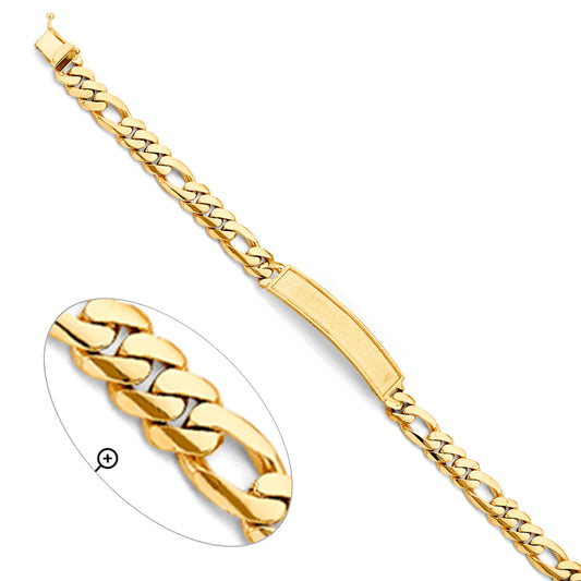 14K Yellow Gold Men’s Figaro Link Sandblast ID Plate Bracelet-8.5mm Wide