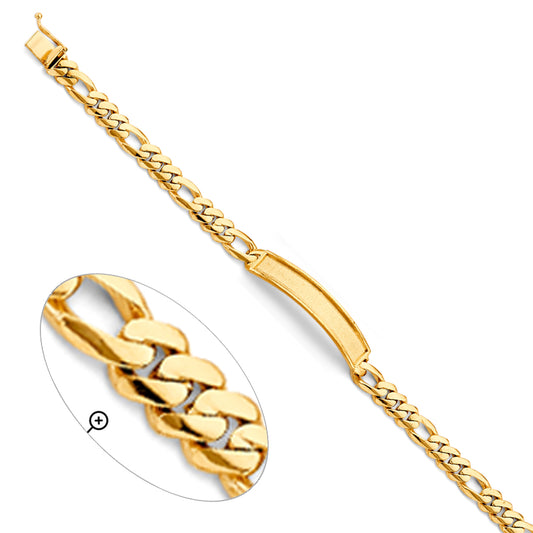 14K Yellow Gold Men’s Figaro Link Sandblast ID Plate Bracelet-7mm Wide