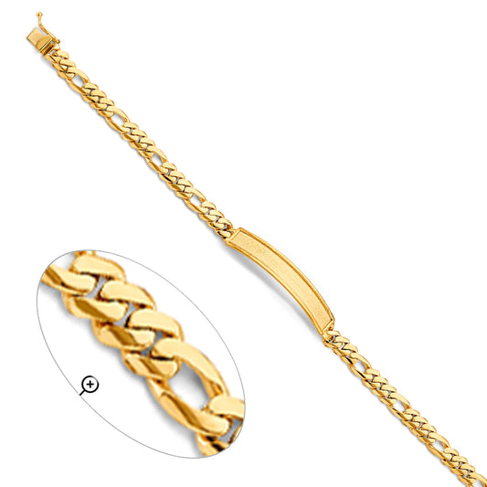 14K Yellow Gold Men’s Figaro Link Sandblast ID Plate Bracelet-6mm Wide