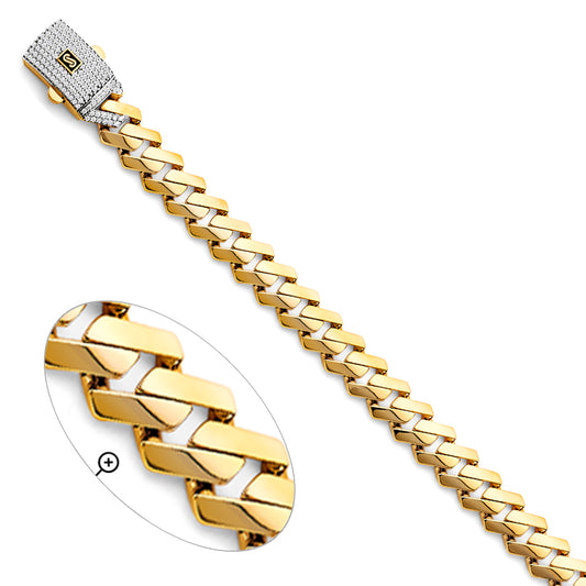 14K Yellow Gold Semi-Solid Men’s Monaco / Cuban Link Bracelet with CZ Accented Clasp-12mm Wide
