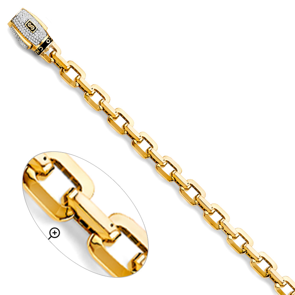14K Yellow Gold Semi-Solid Men’s Monaco / Cuban Link Bracelet with CZ Accented Clasp-9.5mm Wide