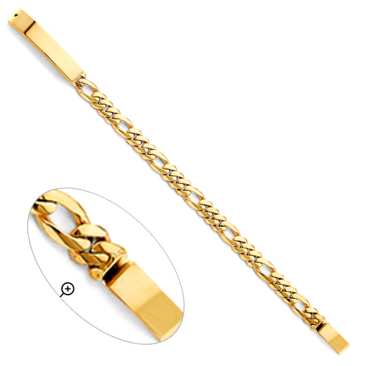 14K Yellow Gold Men’s Figaro Link ID Plate Bracelet-7mm Wide