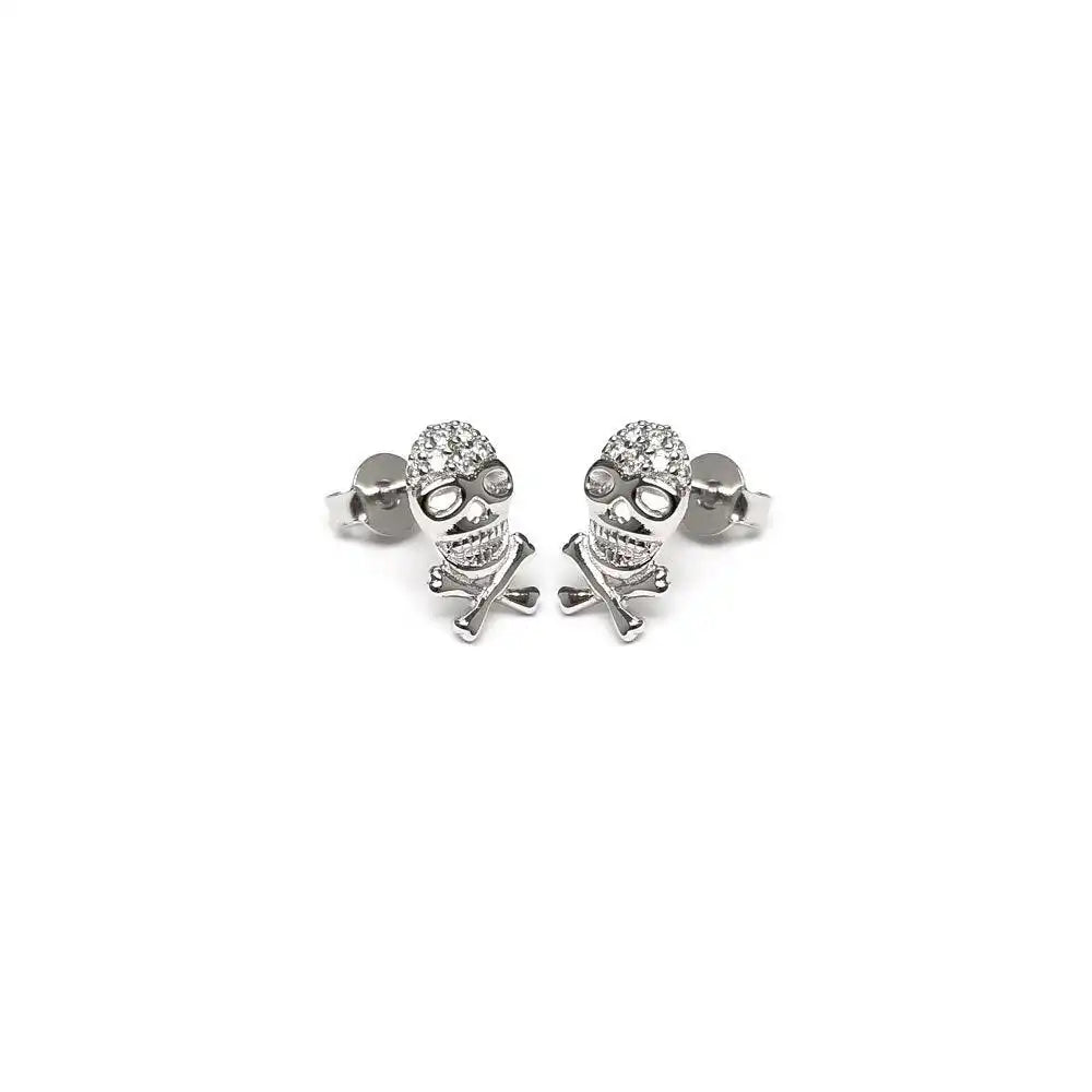 925 Sterling Silver Rhodium Plated Skull CZ Stud Earring