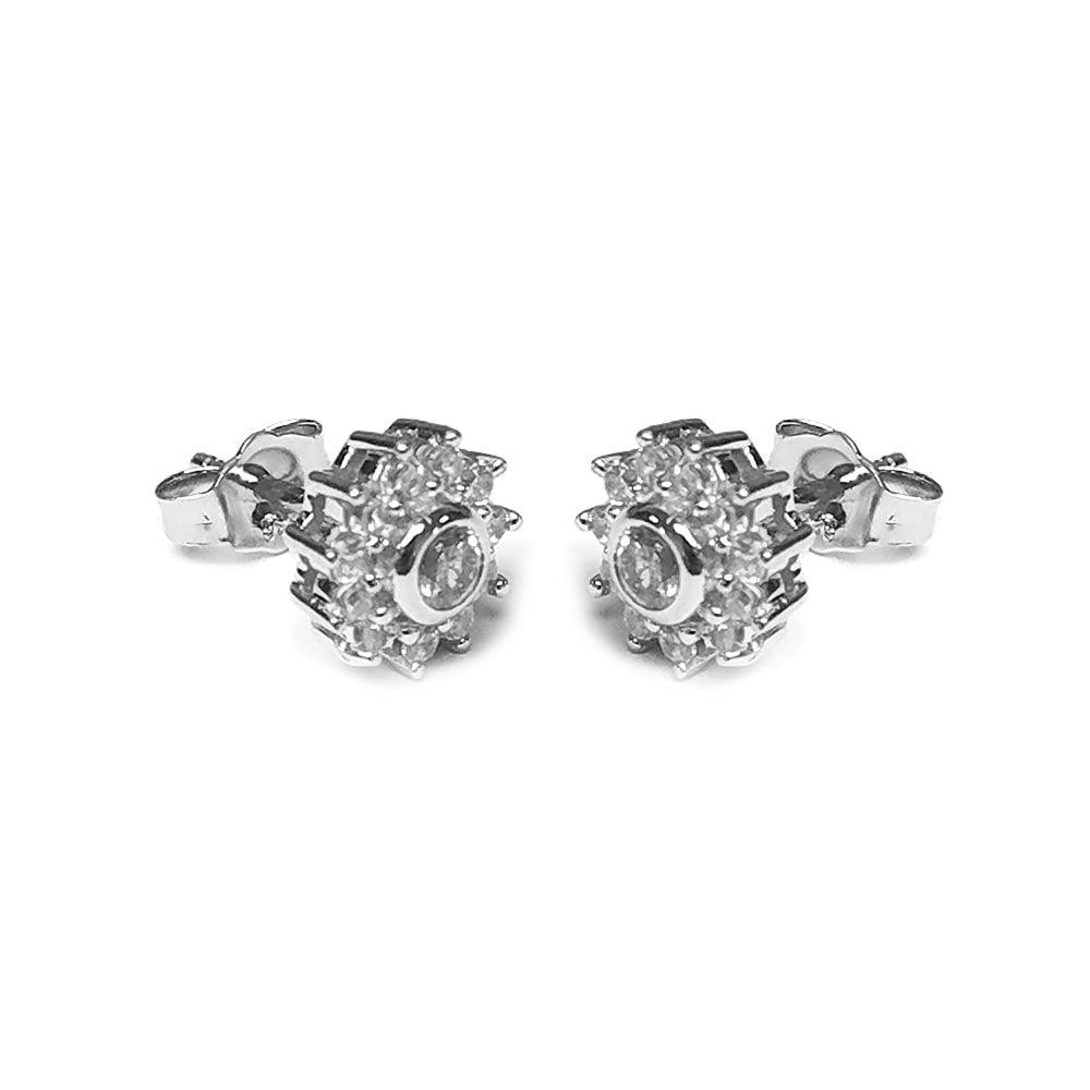 925 Silver Rhodium Plated Micro Pave Clear Flower CZ Stud Post Earrings