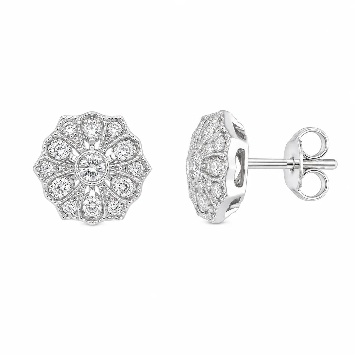 925 Silver Rhodium Plated Micro Pave Filigree CZ Stud Earrings