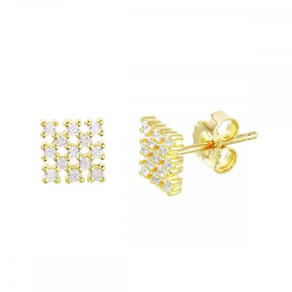 925 Sterling Silver Gold Plated Small Square Checkered CZ Stud Earrings