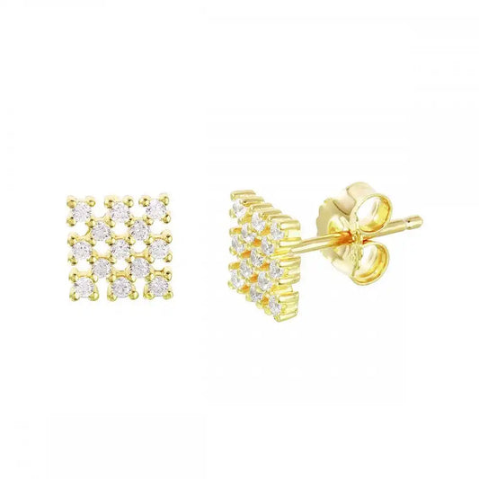 925 Sterling Silver Gold Plated Small Square Checkered CZ Stud Earrings