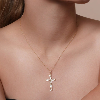 925 Silver Gold Plated Thin Open Checkered Cross CZ Pendant