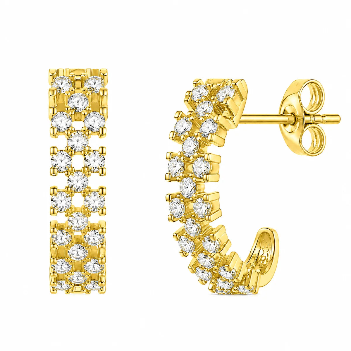 925 Silver Plated Thin Checkered CZ Semi-Huggie Hoop Earrings