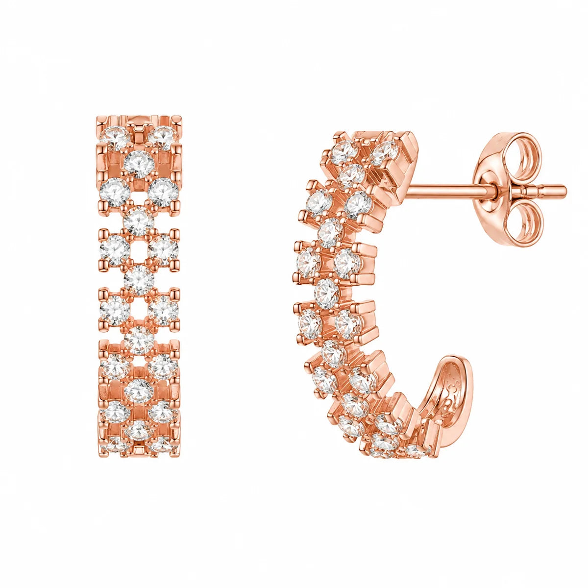 925 Silver Plated Thin Checkered CZ Semi-Huggie Hoop Earrings