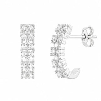 925 Silver Plated Thin Checkered CZ Semi-Huggie Hoop Earrings