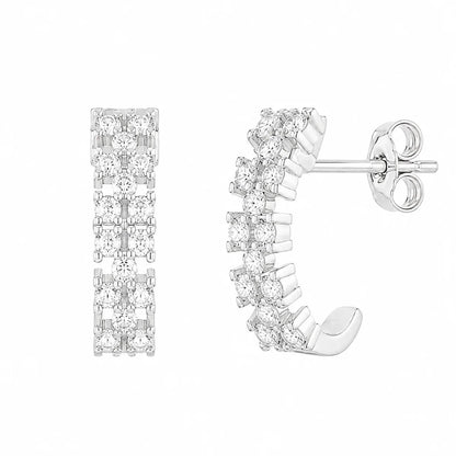 925 Silver Plated Thin Checkered CZ Semi-Huggie Hoop Earrings