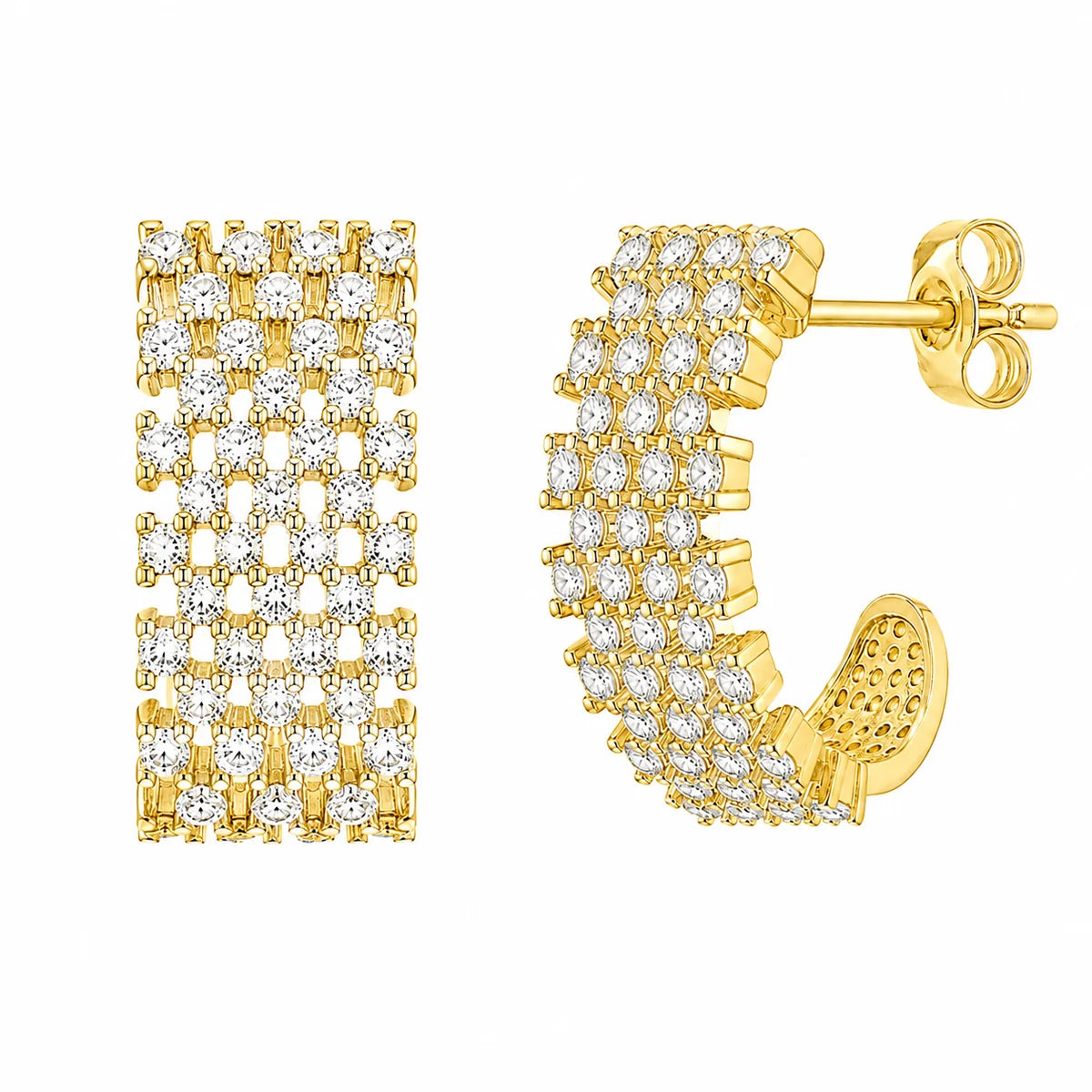 925 Silver Plated Thick Checkered CZ Semi-Huggie Hoop Earrings