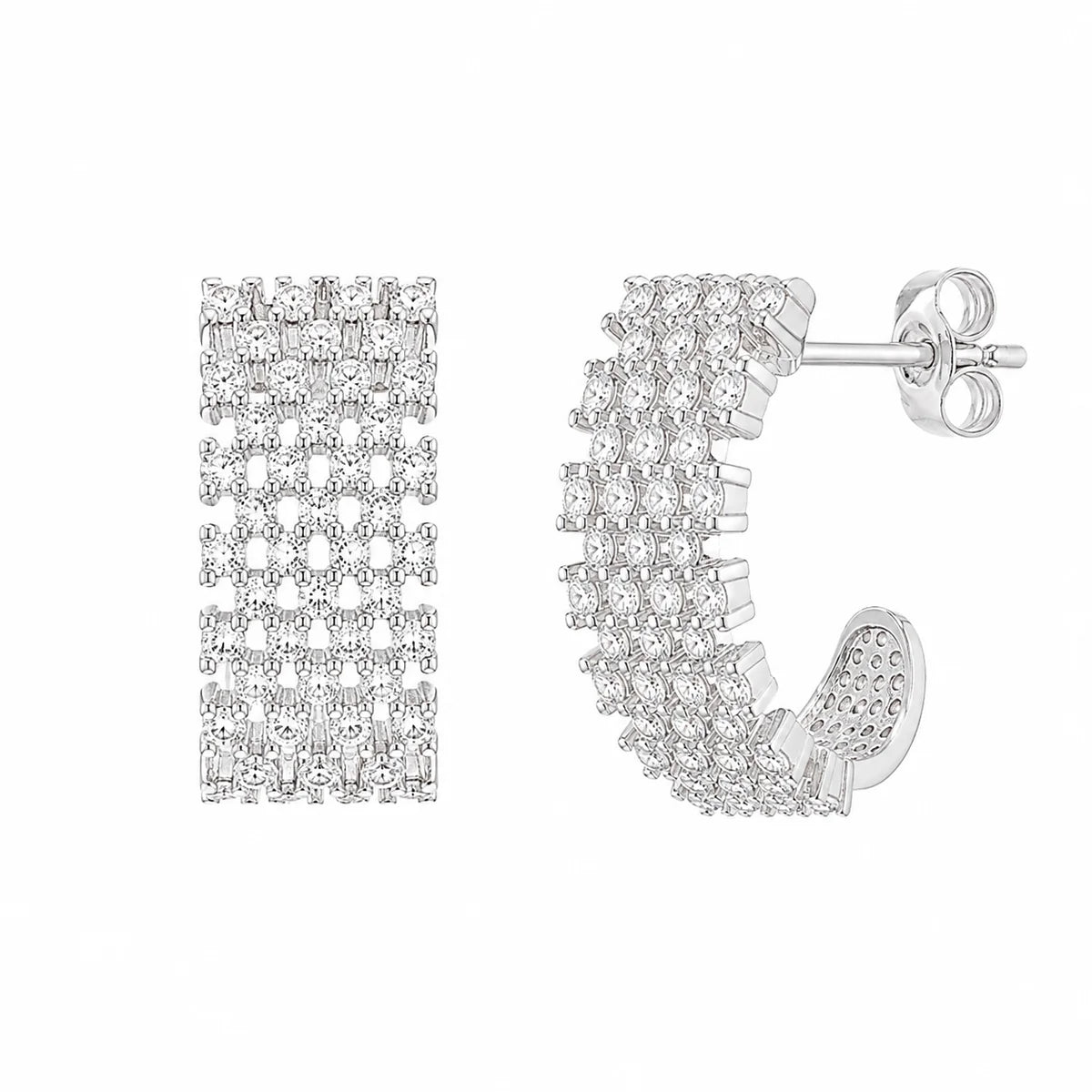 925 Silver Plated Thick Checkered CZ Semi-Huggie Hoop Earrings