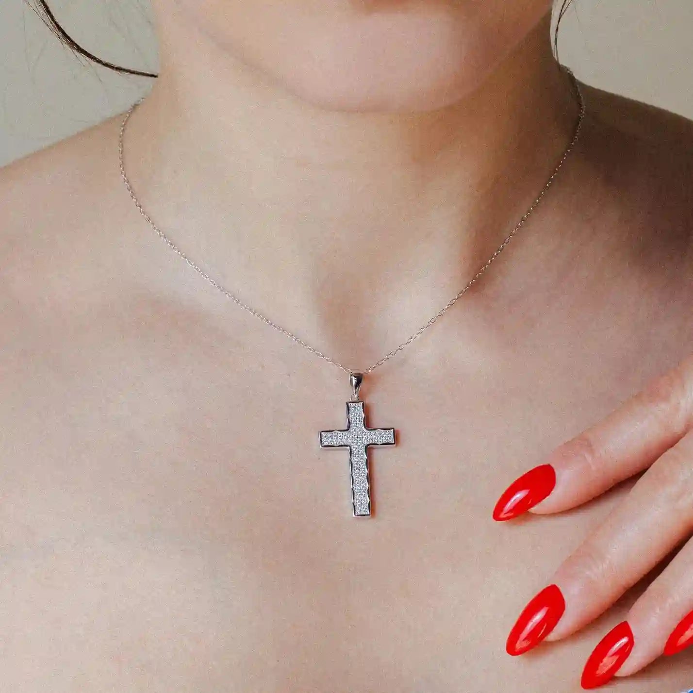 925 Sterling Silver Rhodium Plated Cross CZ Dangling Pendant