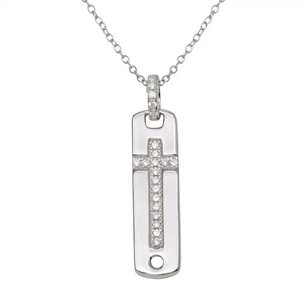 925 Sterling Silver Rhodium Plated Cross Inlay Micro Pave CZ Dangling Pendant