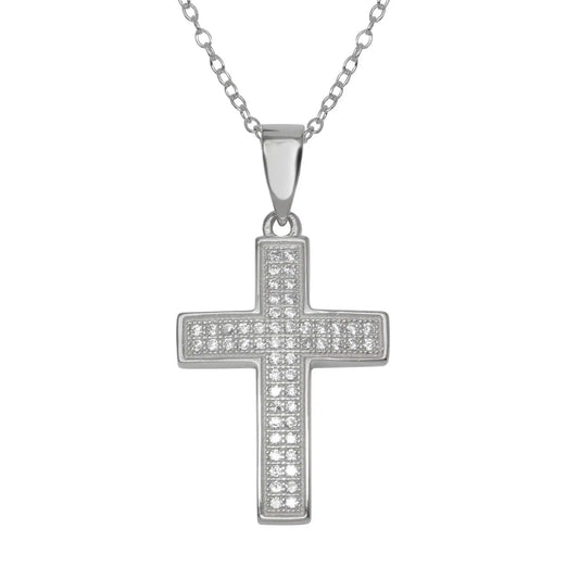 925 Sterling Silver Rhodium Plated Cross Inlay Micro Pave CZ Cross Pendant