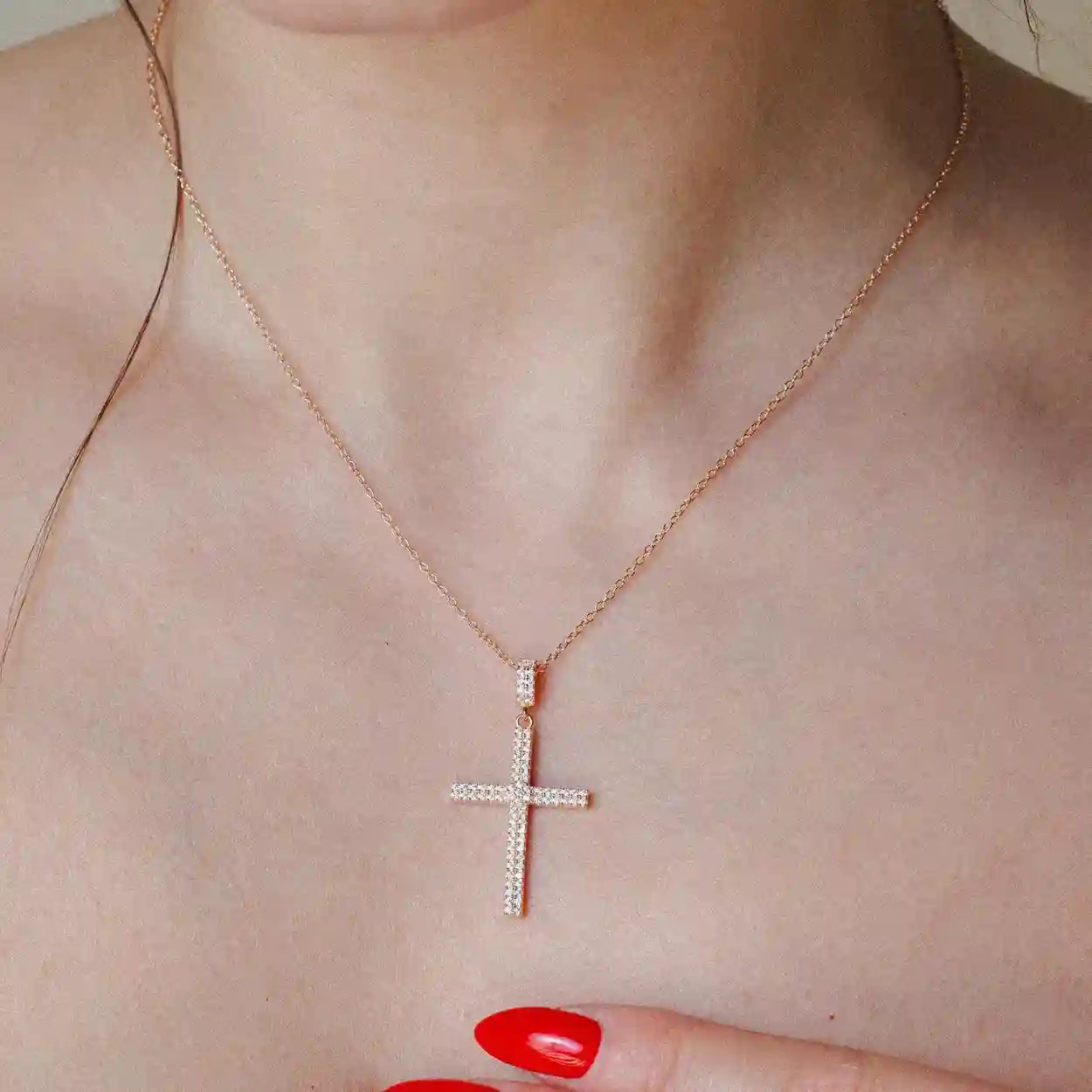 925 Sterling Silver Rose Gold Plated Cross Micro Pave CZ Dangling Pendant
