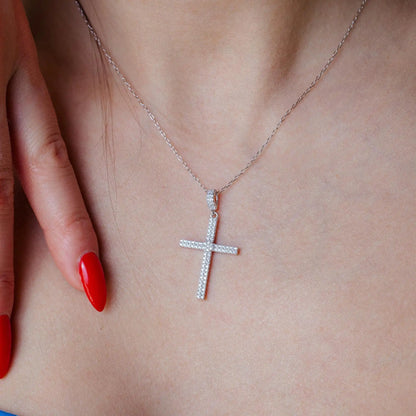 925 Sterling Silver Rhodium Plated Cross Micro Pave CZ Dangling Pendant