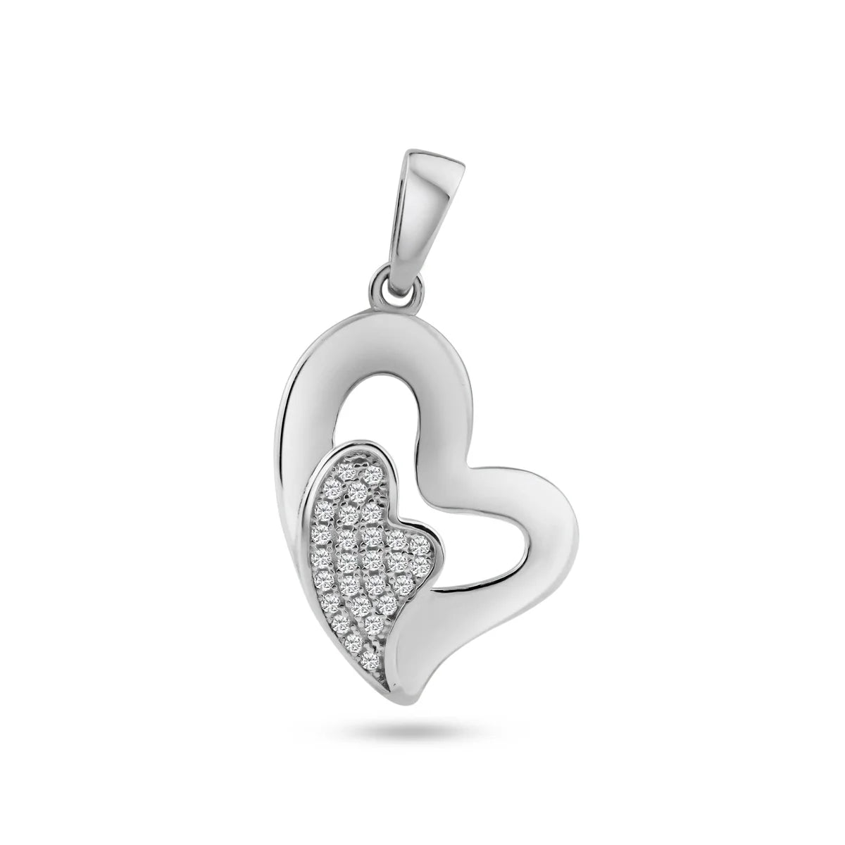 925 Silver Rhodium Plated Open Heart Micro Pave CZ Inlay Mini Heart Dangling Pendant