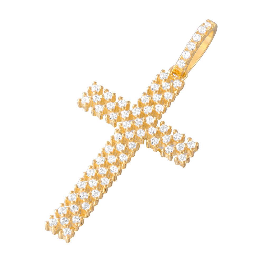 925 Silver Gold Plated Thin Open Checkered Cross CZ Pendant