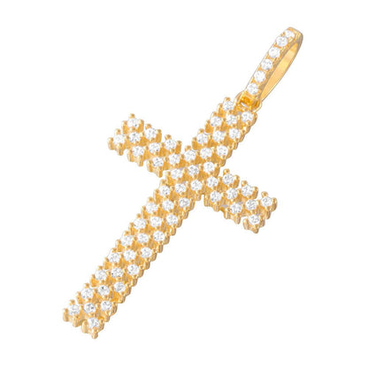 925 Silver Gold Plated Thin Open Checkered Cross CZ Pendant