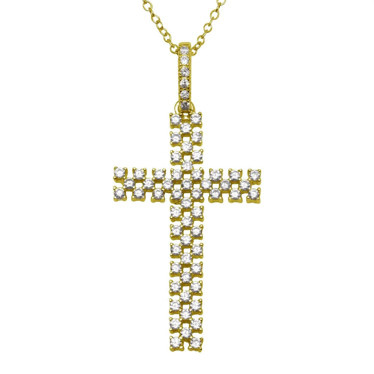 925 Silver Gold Plated Thin Open Checkered Cross CZ Pendant