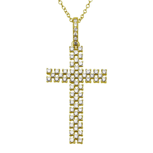 925 Silver Gold Plated Thin Open Checkered Cross CZ Pendant