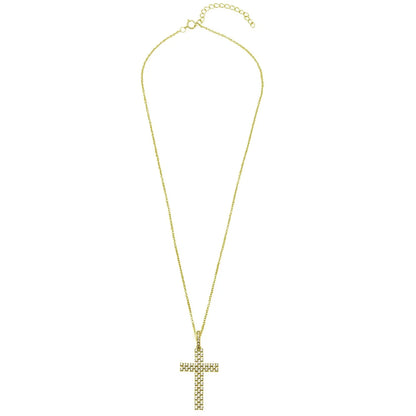 925 Silver Gold Plated Thin Open Checkered Cross CZ Pendant