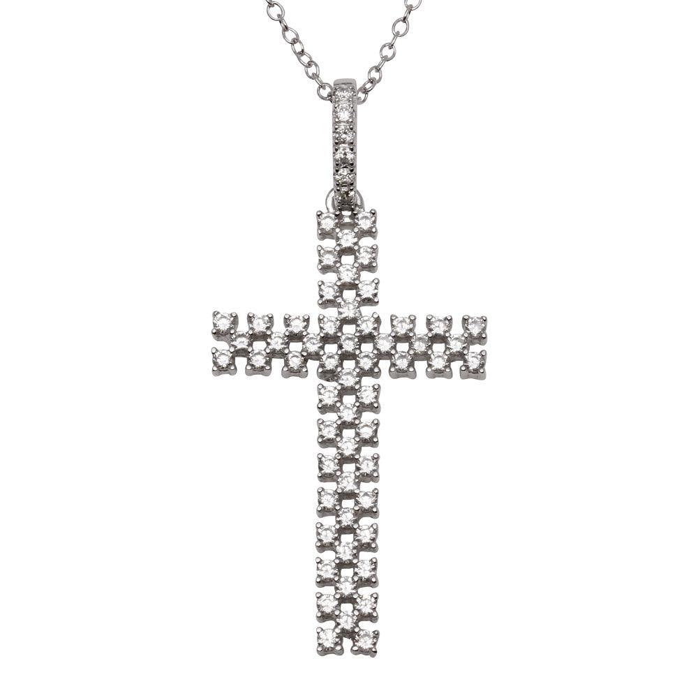 925 Silver Rhodium Plated Thin Open Checkered Cross CZ Pendant