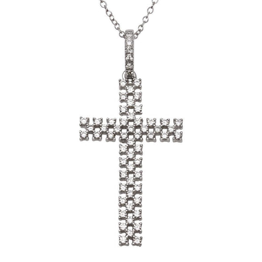925 Silver Rhodium Plated Thin Open Checkered Cross CZ Pendant