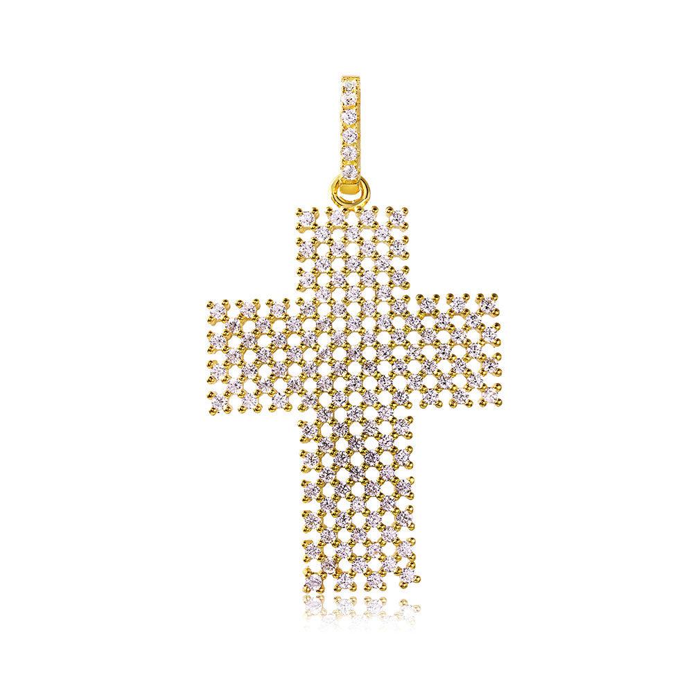 925 Silver Gold Plated Thick Open Checkered Cross CZ Pendant