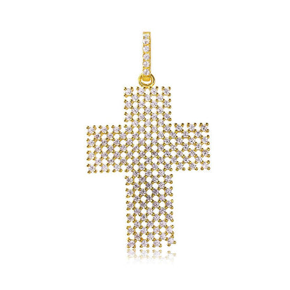925 Silver Gold Plated Thick Open Checkered Cross CZ Pendant