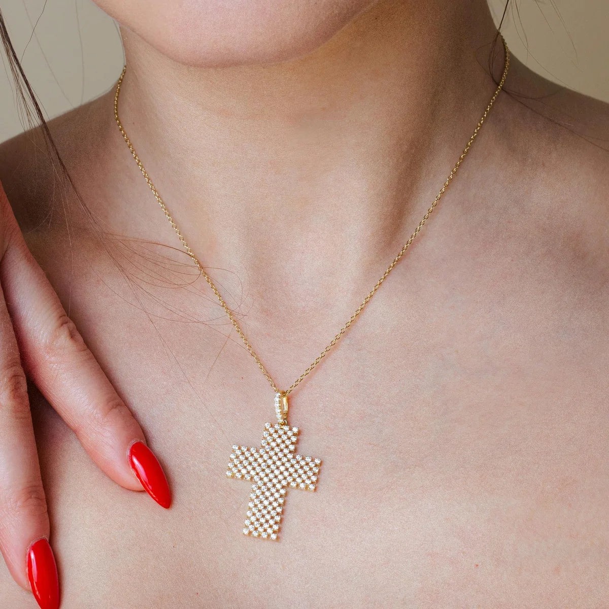 925 Silver Gold Plated Thick Open Checkered Cross CZ Pendant