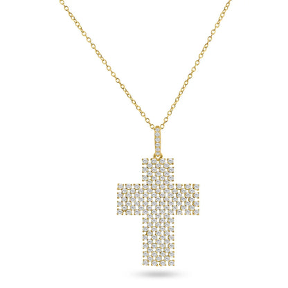 925 Silver Gold Plated Thick Open Checkered Cross CZ Pendant