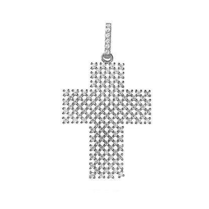 925 Silver Rhodium Plated Thick Open Checkered Cross CZ Pendant