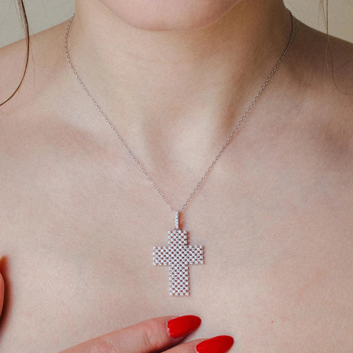 925 Silver Rhodium Plated Thick Open Checkered Cross CZ Pendant