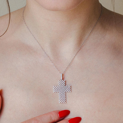 925 Silver Rhodium Plated Thick Open Checkered Cross CZ Pendant