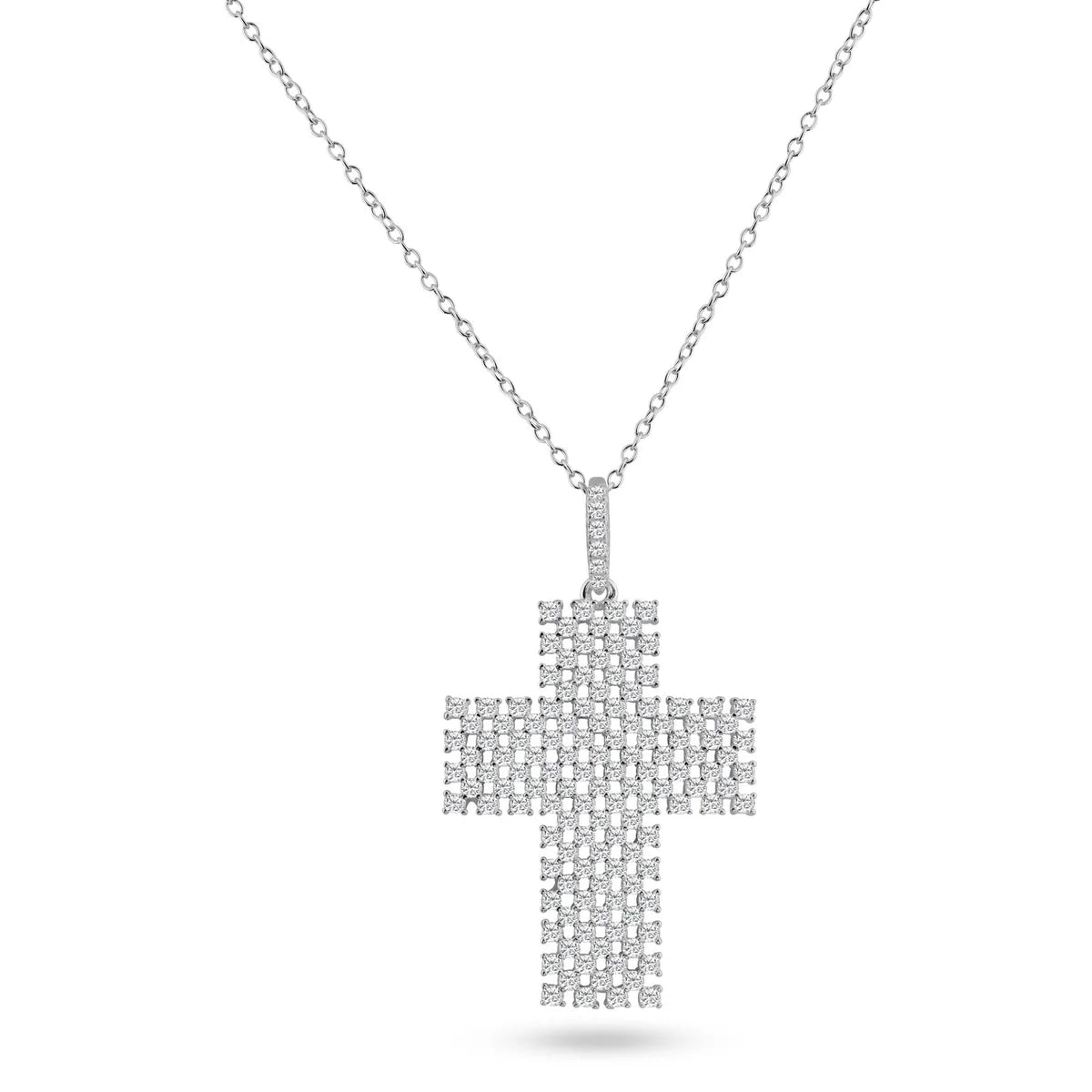 925 Silver Rhodium Plated Thick Open Checkered Cross CZ Pendant