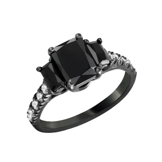 925 Sterling Silver Black Rhodium Plated Black and Clear CZ Past Present Future Ring