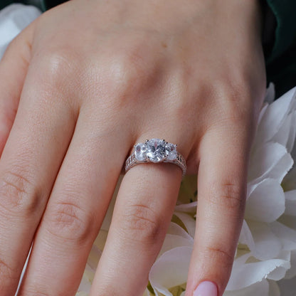 925 Silver Rhodium Plated CZ Past Present Future Ring