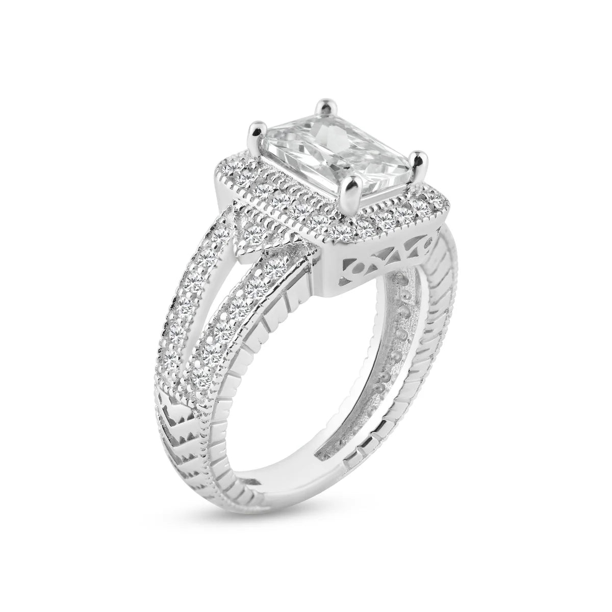 925 Silver Rhodium Plated Micro Pave Clear Cluster CZ Square Ring