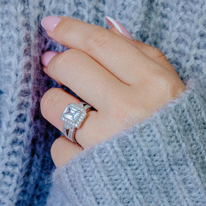 925 Silver Rhodium Plated Micro Pave Clear Cluster CZ Square Ring