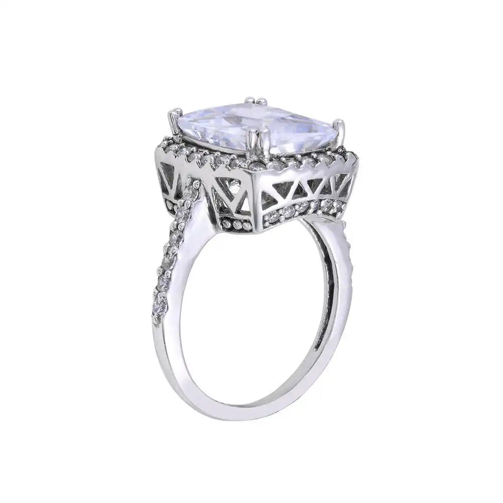 925 Sterling Silver Rhodium Plated Clear Cluster CZ Square Ring