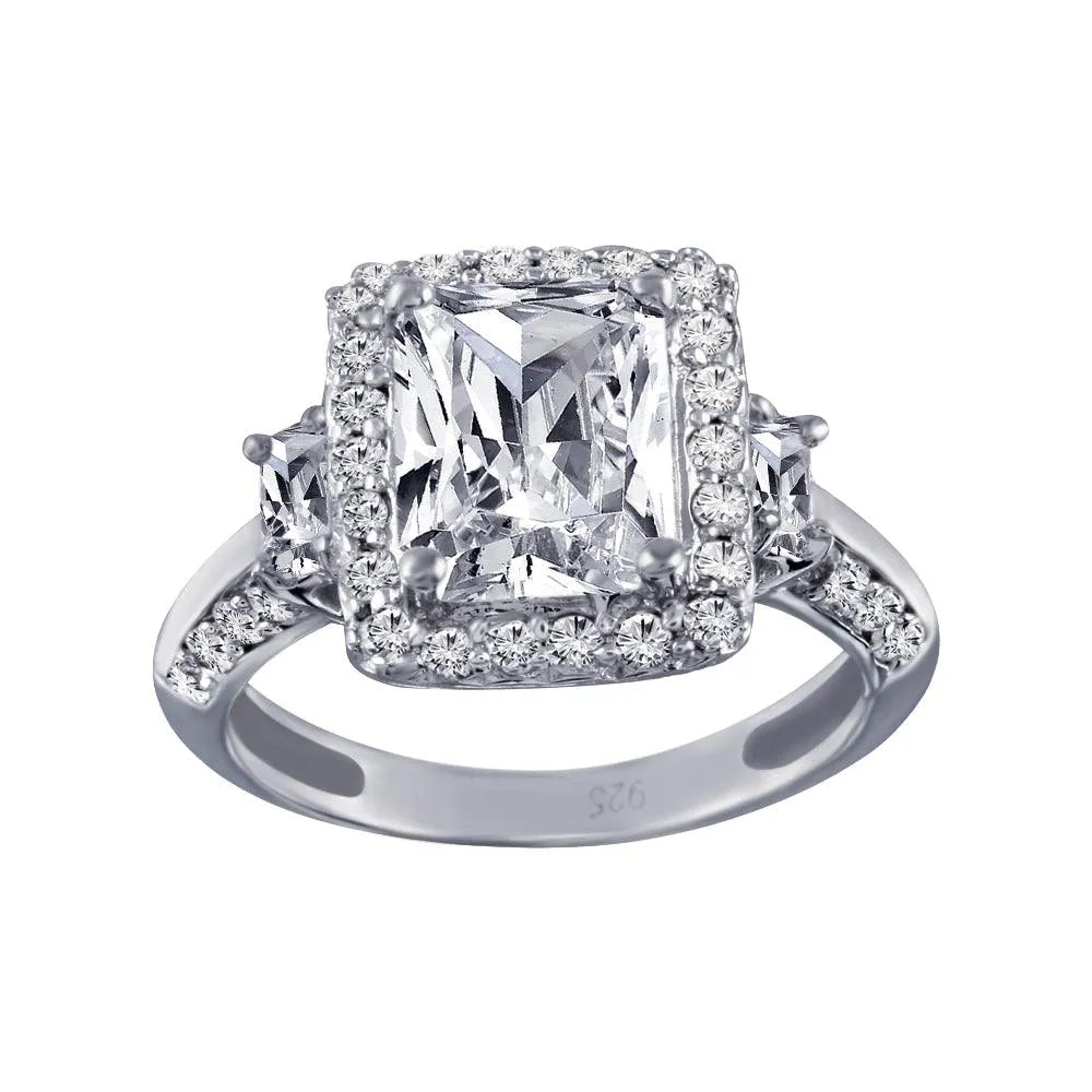 925 Sterling Silver Rhodium Plated Clear Cluster CZ Square Ring
