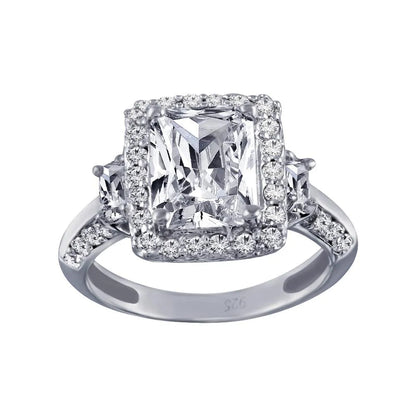 925 Sterling Silver Rhodium Plated Clear Cluster CZ Square Ring