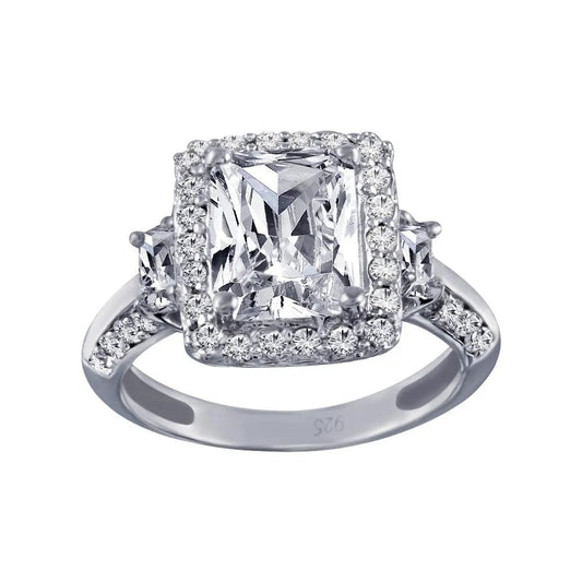 925 Sterling Silver Rhodium Plated Clear Cluster CZ Square Ring